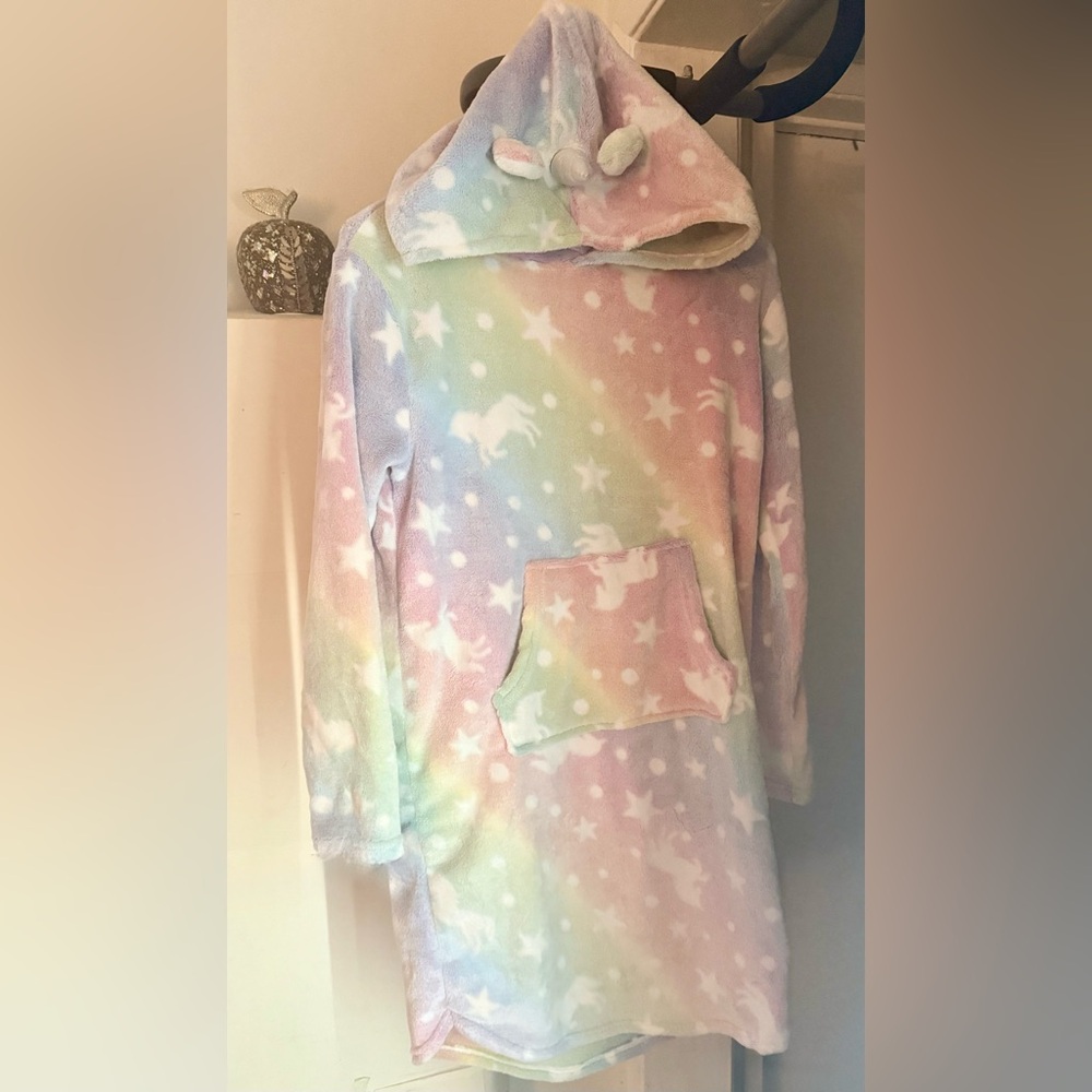 Teenager Girl Rainbow Unicorn Hooded Fleece Pajama Dress